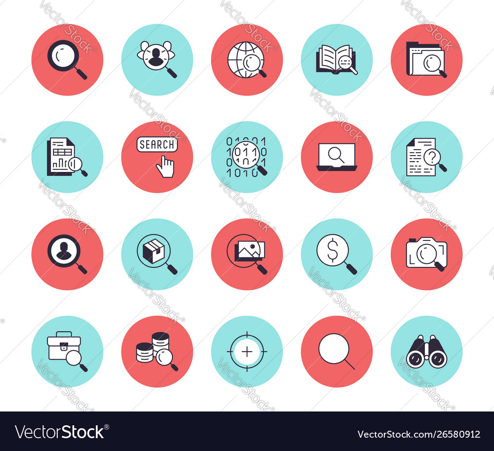 Data search flat line icons set magnify glass Vector Image