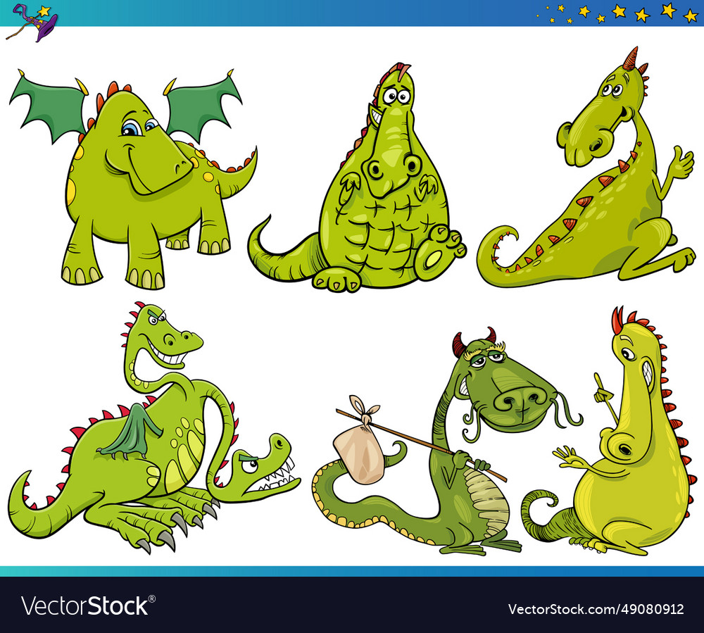 Funny Cartoon Dragons Fantasy Animal Characters Vector Image