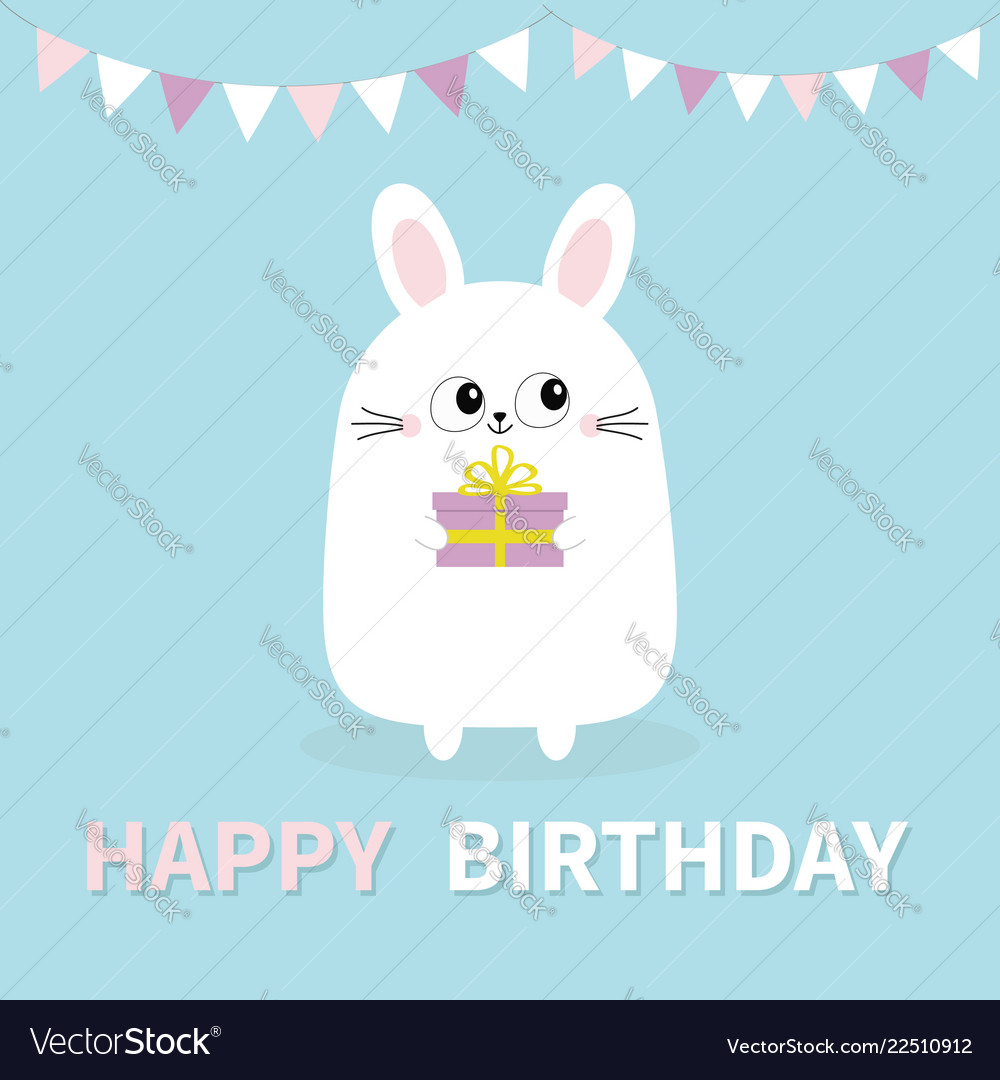 Happy birthday white bunny rabbit holding gift Vector Image