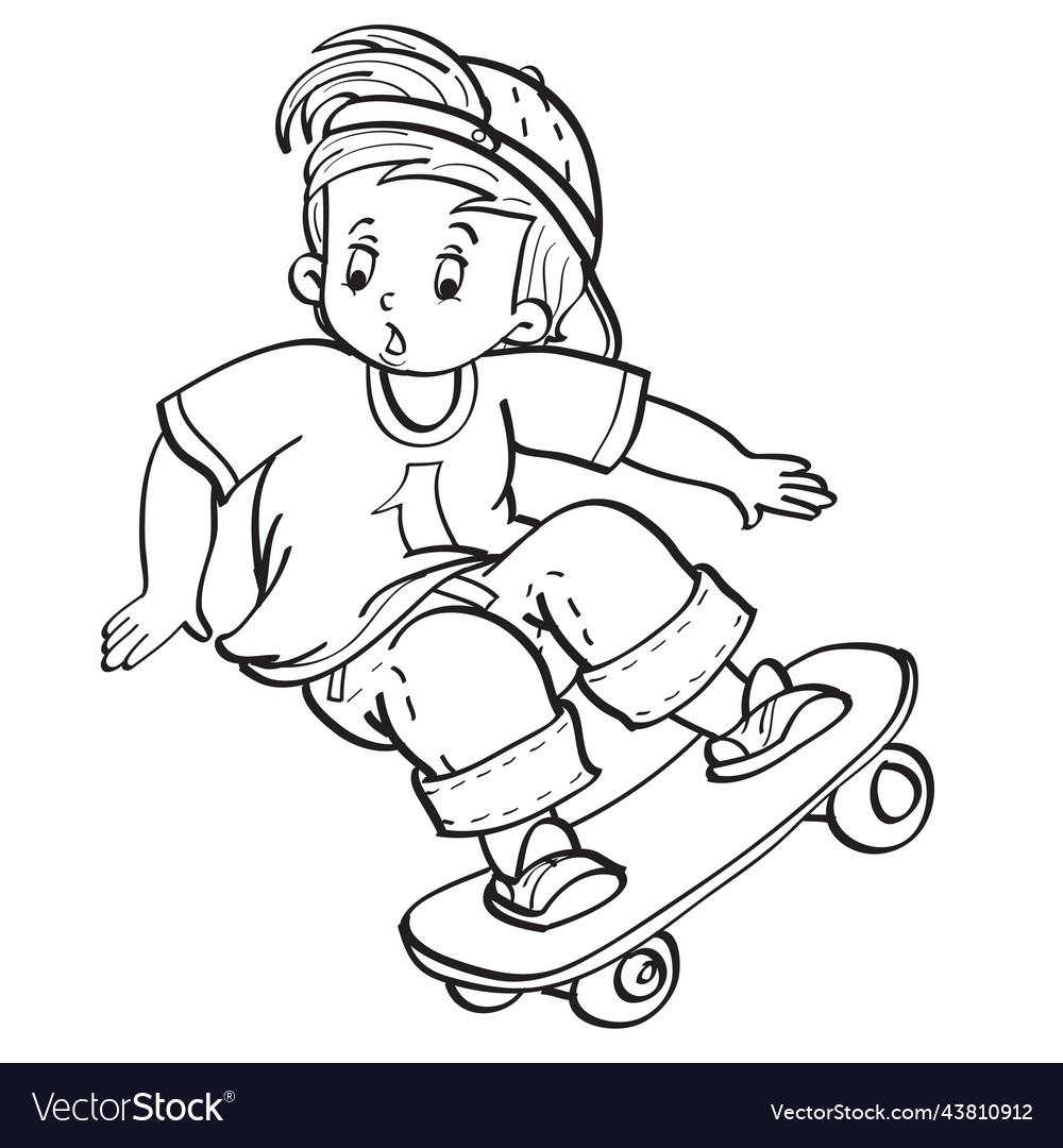 Sketch a boy in a cap boldly rides a skateboard Vector Image