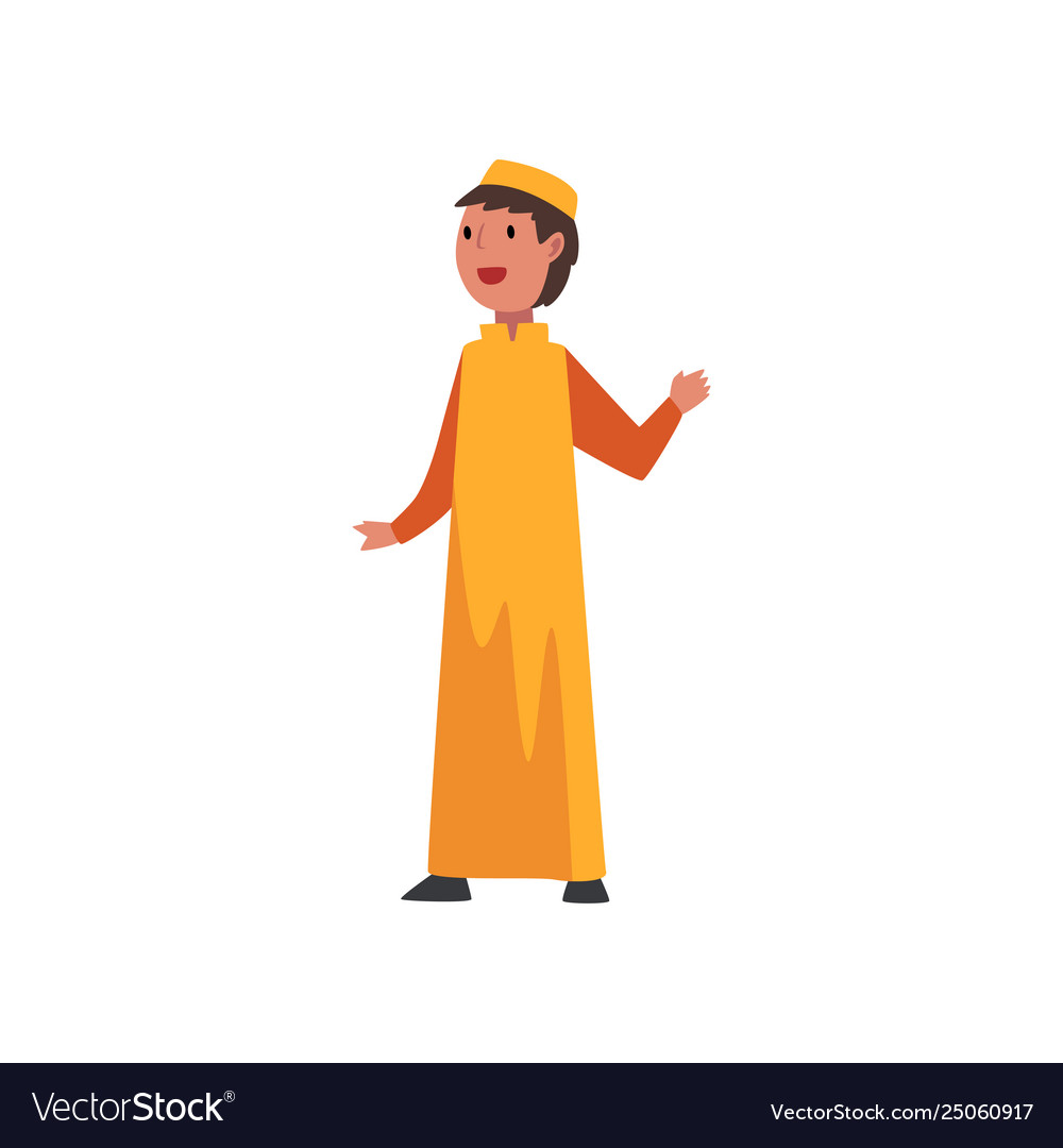 Cute arab boy in orange traditional muslim clothes