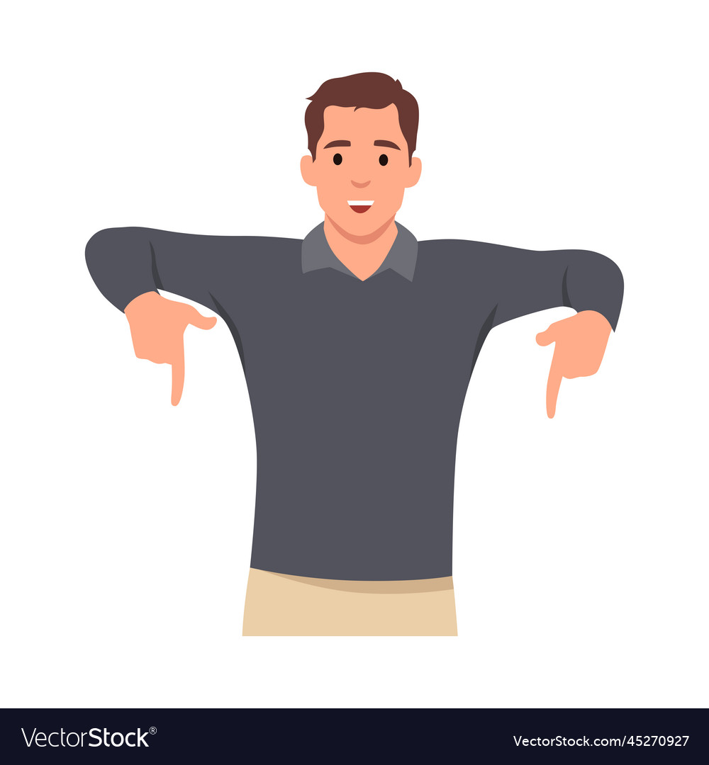 Young man standing behind the white blank banner Vector Image