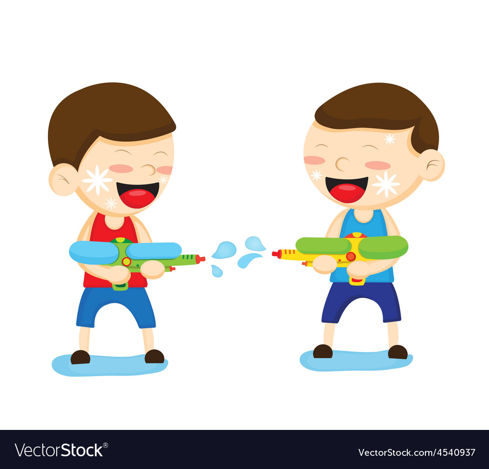 Two boys are playing with a water gun