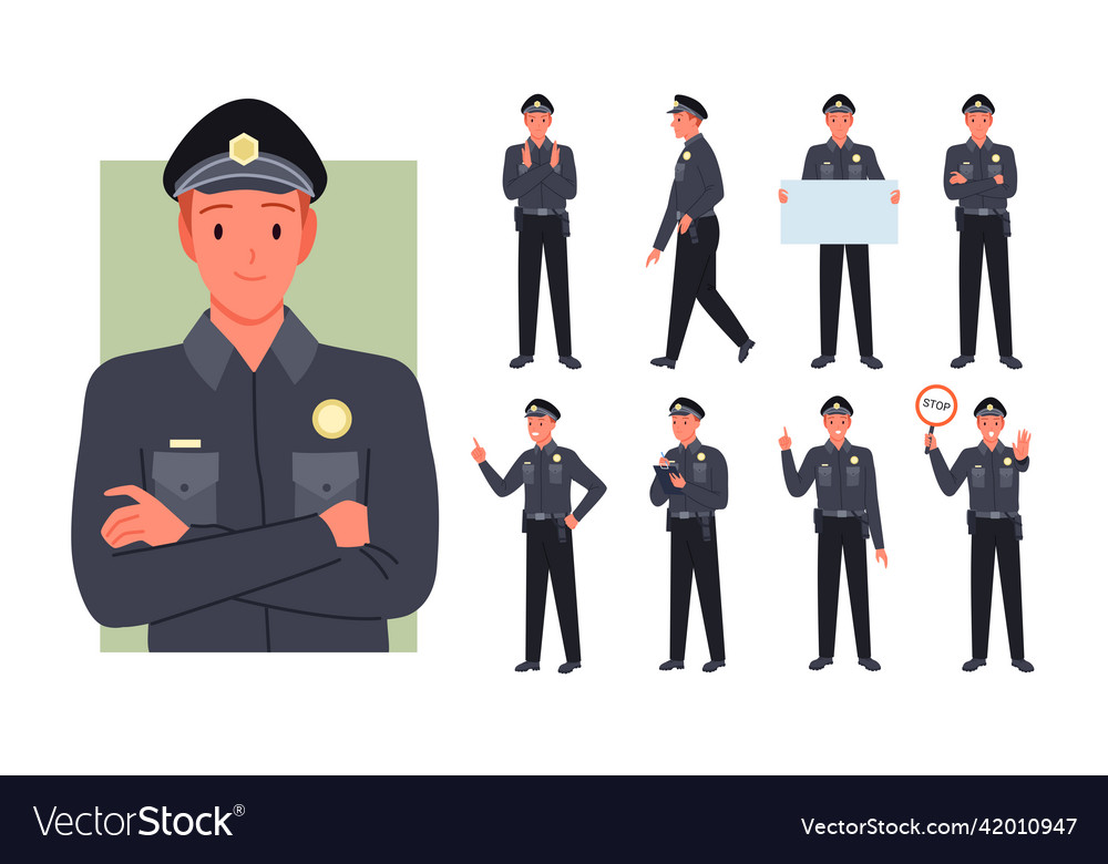 Policeman poses set man worker of police station Vector Image