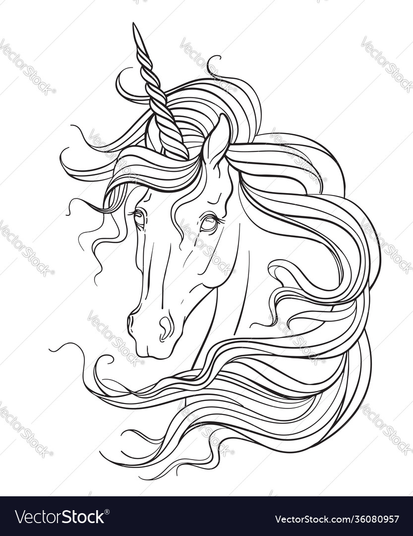 Unicorn head coloring book contour Royalty Free Vector Image