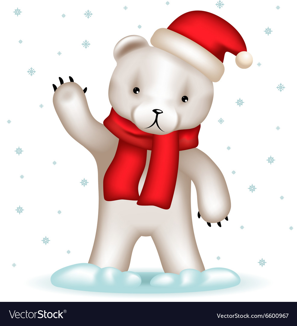 Toy bear cub santa claus hat greeting waving hand Vector Image