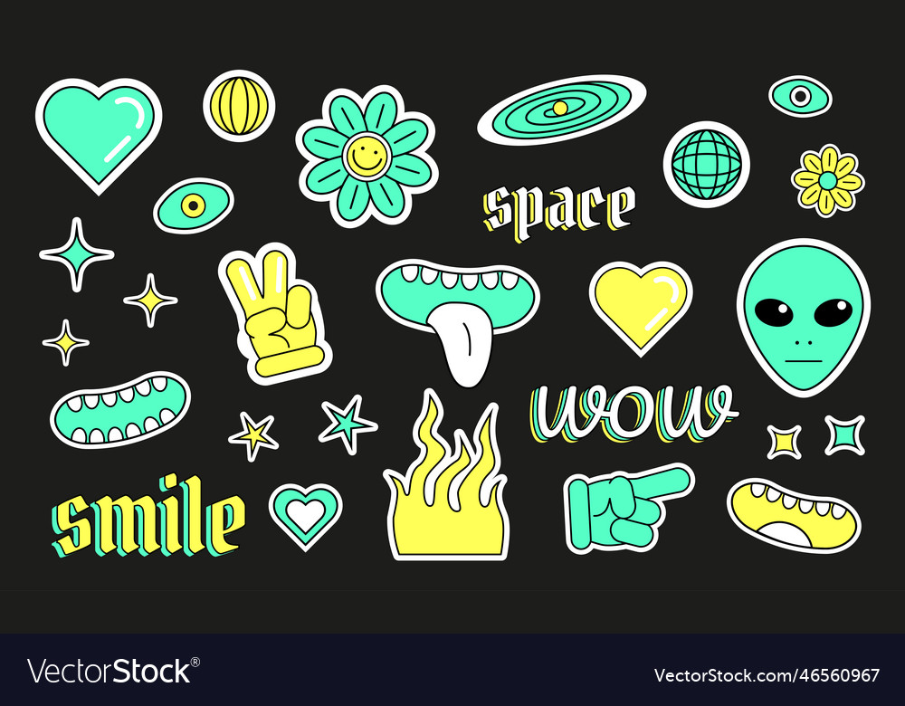 Set of Y2K aesthetic stickers and labels, vector illustrations