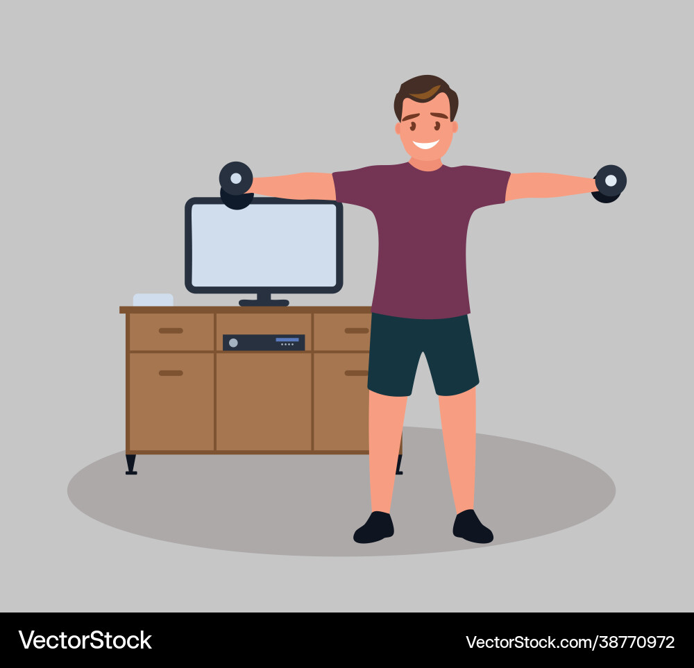 A male character training at home man lifting Vector Image