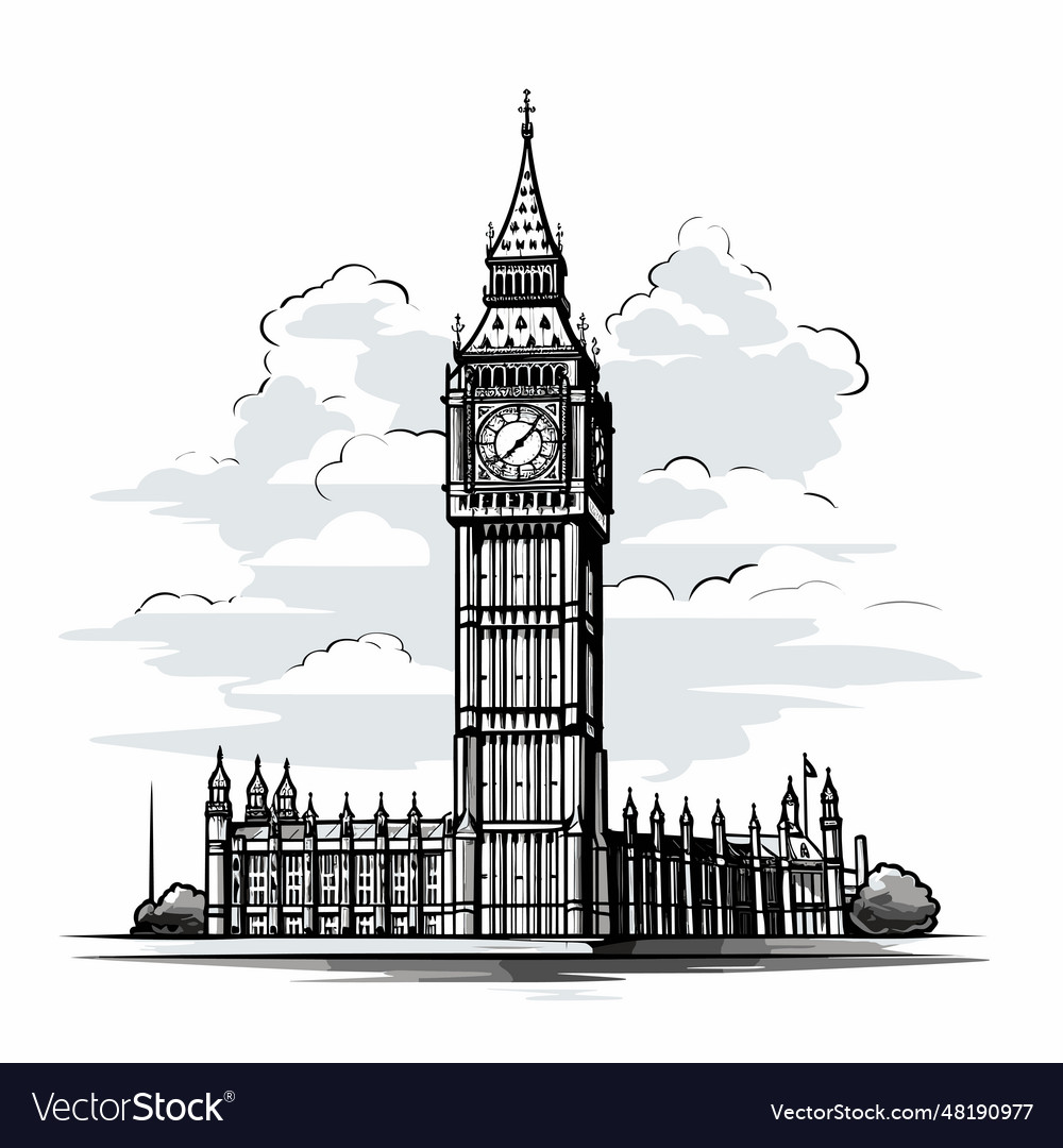 Big ben hand-drawn comic doodle style Royalty Free Vector