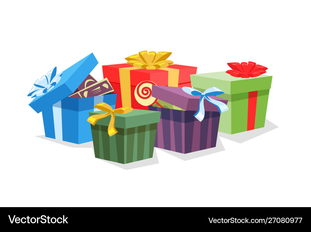 Festive multicolor gift boxes flat Royalty Free Vector Image