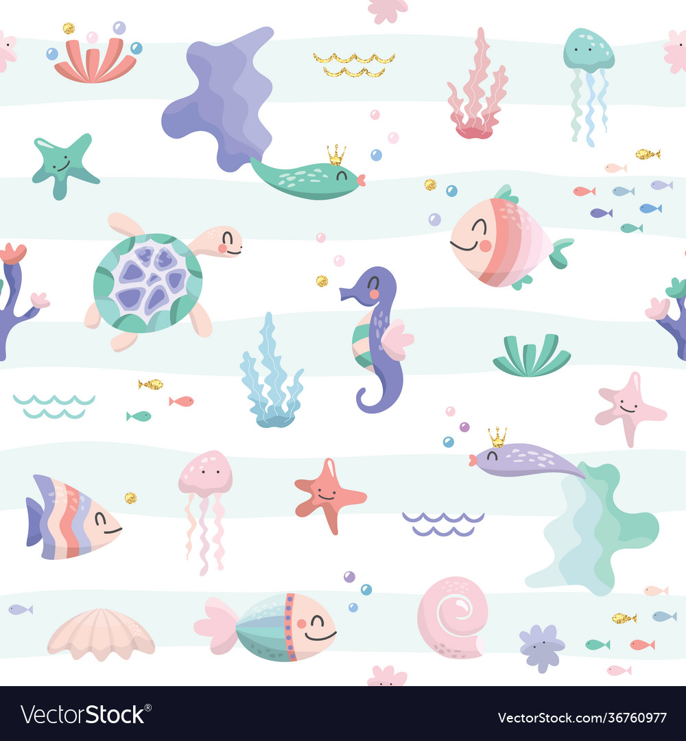 Sea fish characters cartoon seamless background vector image Sea fish characters cartoon seamless background