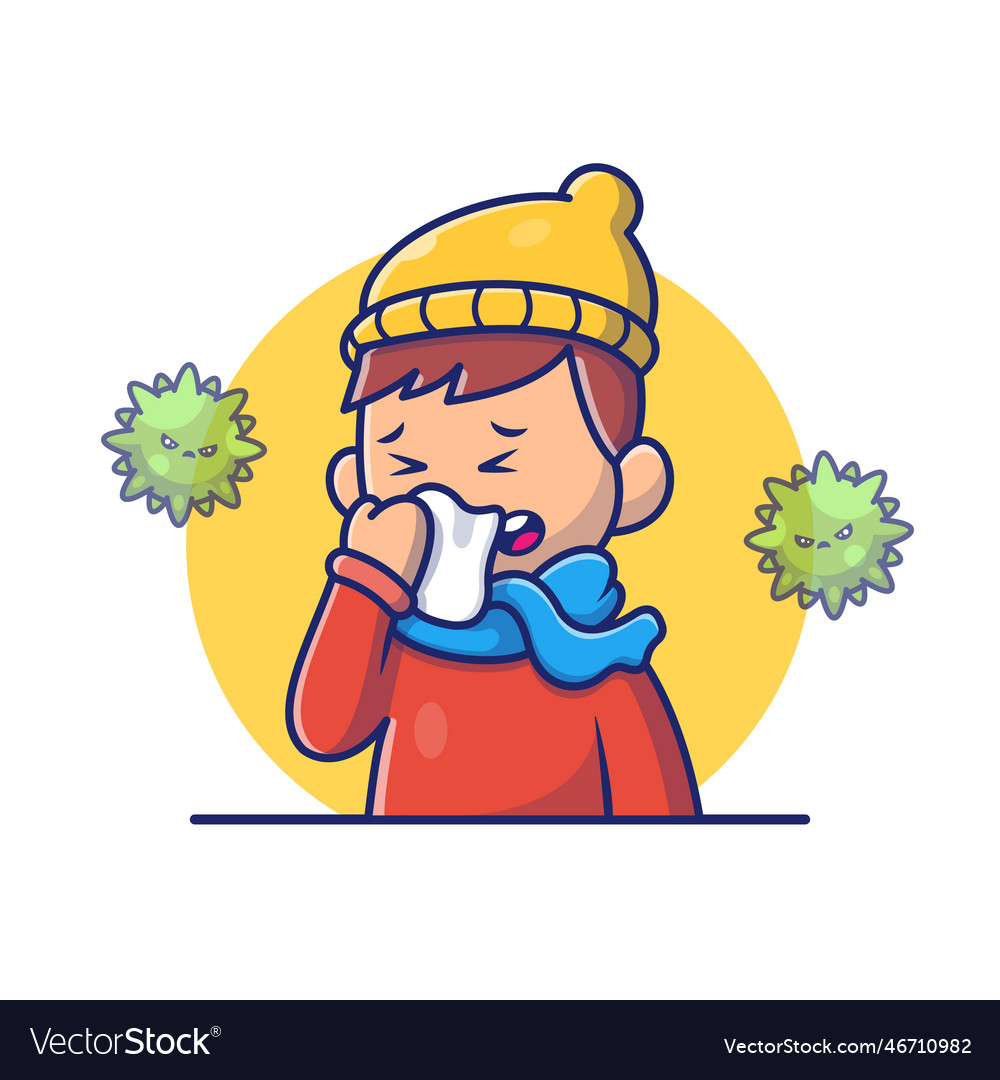 Boy with fever and flu cartoon Royalty Free Vector Image