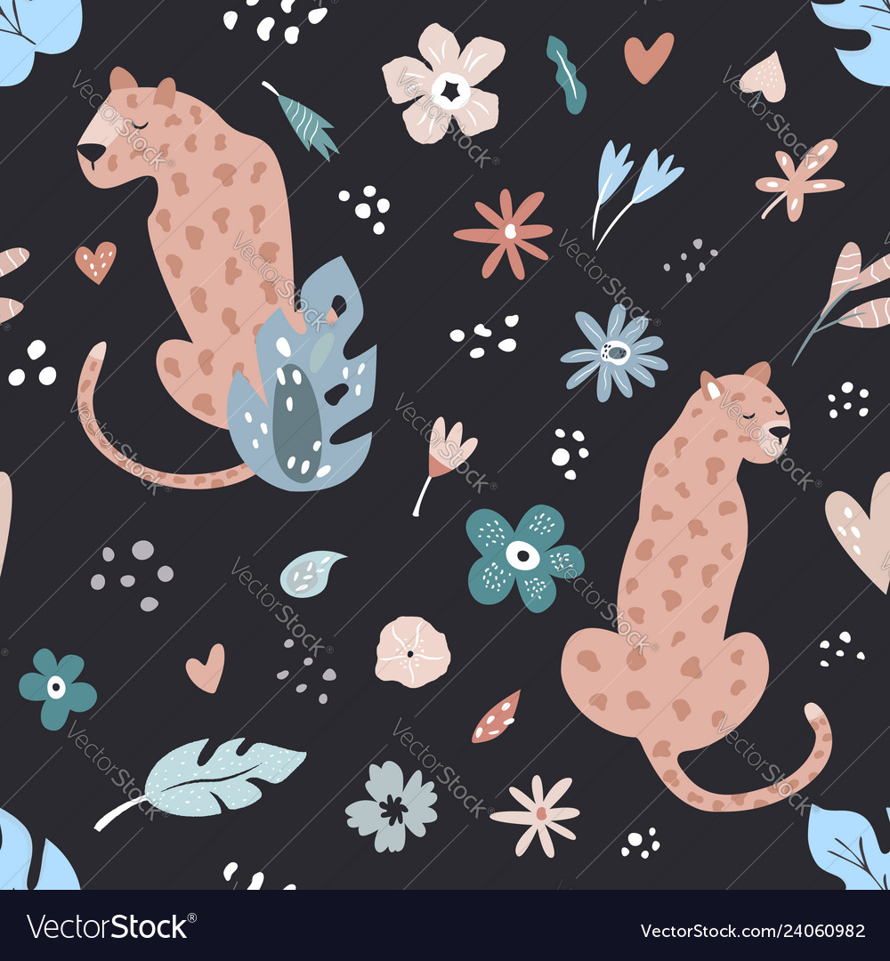 Seamless pattern with leopards and floral prints vector image Seamless pattern with leopards and floral prints