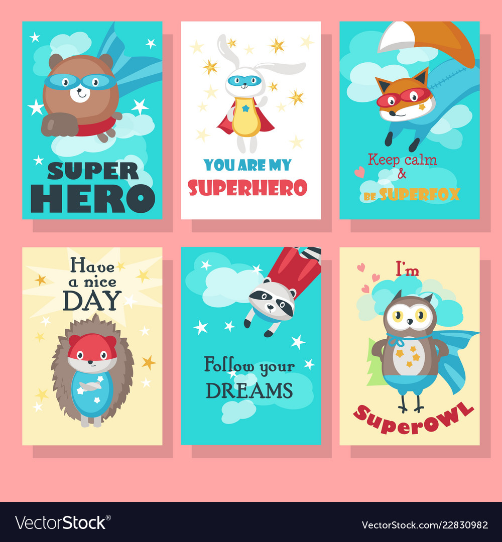 Set of cards with cute superhero animals vector image Set of cards with cute superhero animals