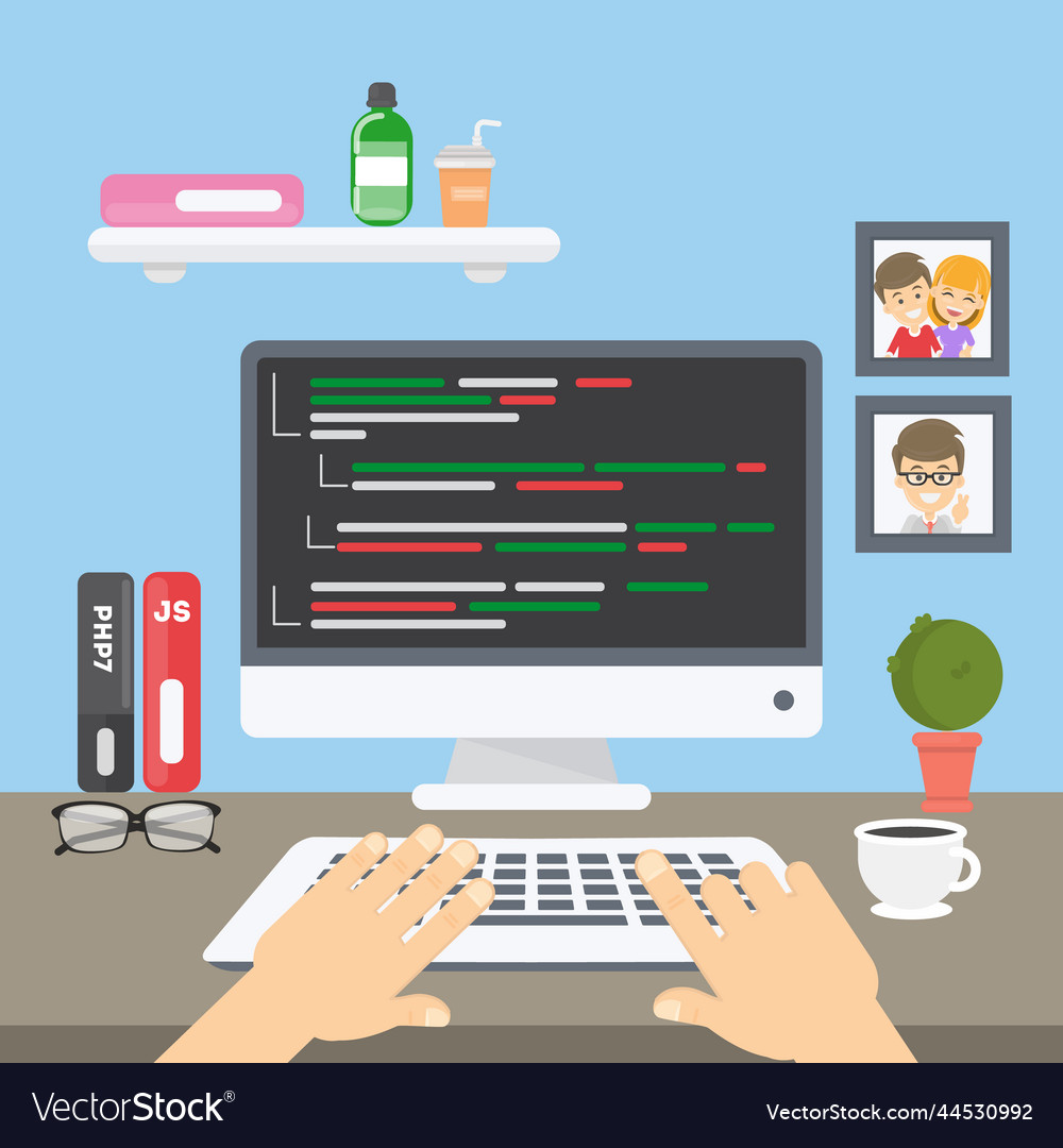 Coding at computer Royalty Free Vector Image - VectorStock