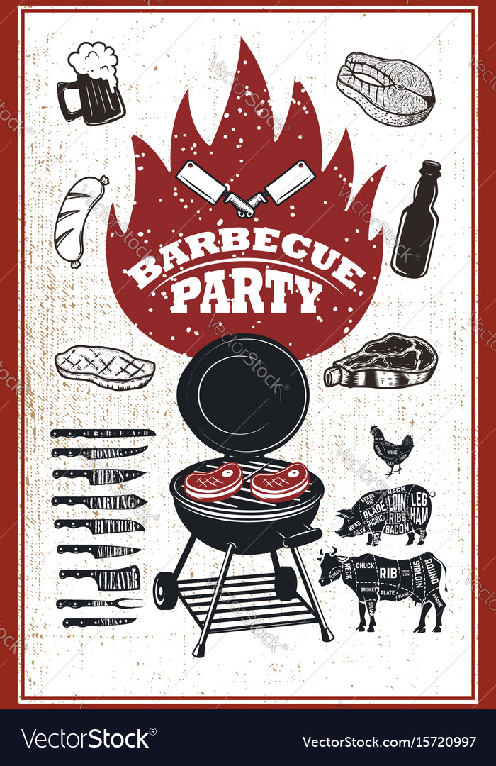 Barbecue party flyer template grill fire grilled Vector Image