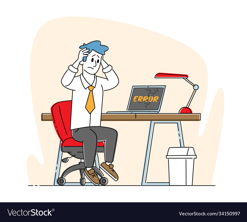 Office worker male character sit at working desk