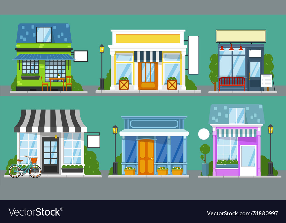 Shop front set isolated outdoor store facades