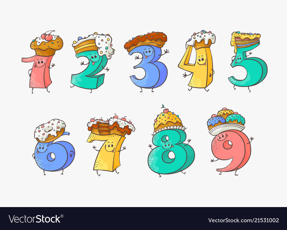 Cute number cartoon characters with sweet cakes Vector Image