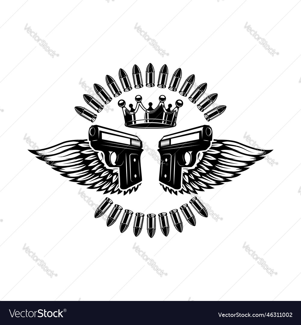 Two guns and wings with king crown design element Vector Image