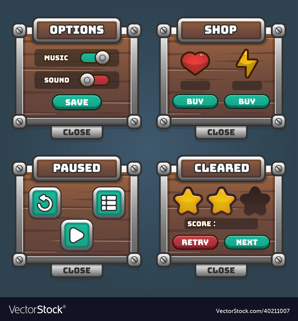 Game wood and silver ui menu set Royalty Free Vector Image