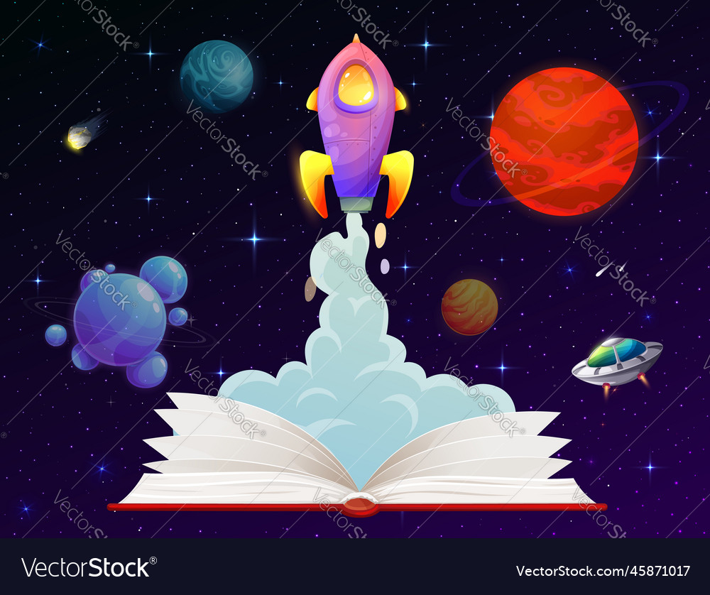 Opened book and rocket launch starship fast start Vector Image