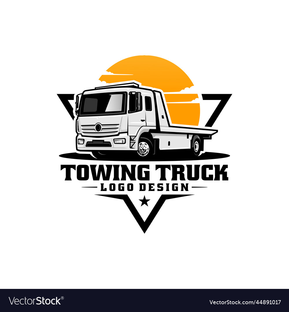 Towing truck in badge emblem logo style Royalty Free Vector