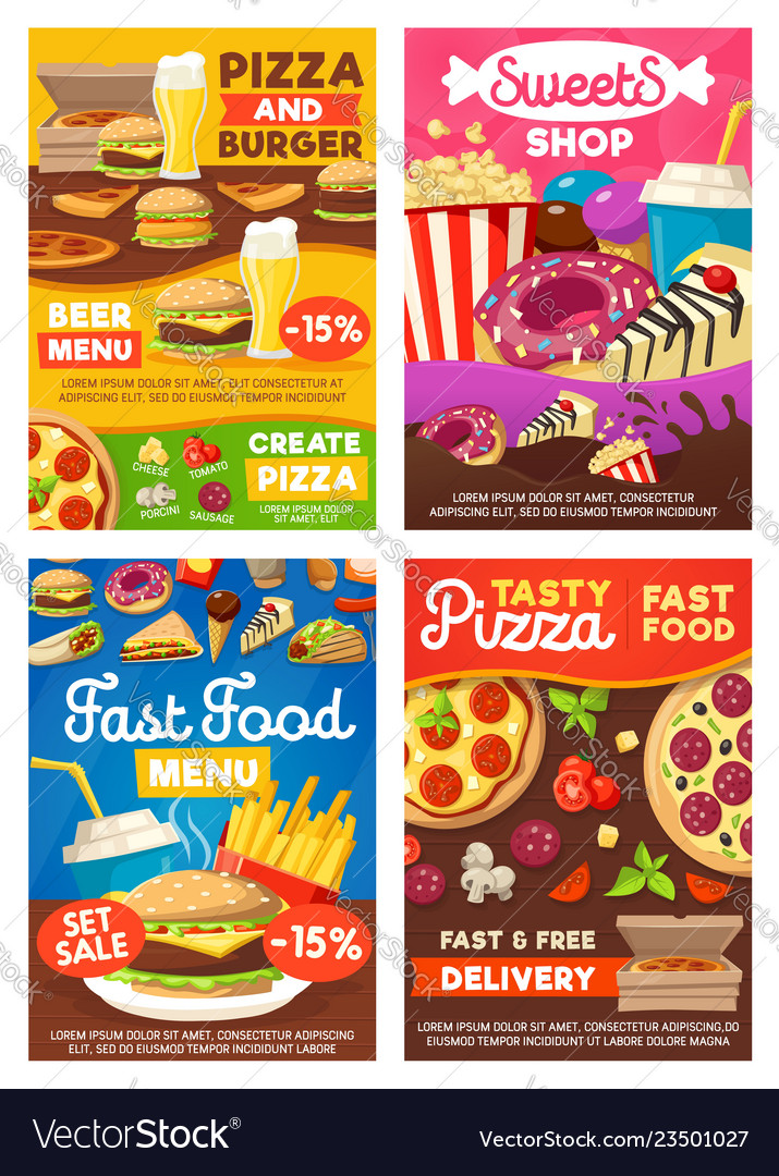 Fast food burgers sandwiches snacks and desserts Vector Image