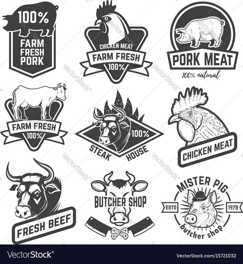 Beef chicken pork meat labels butchery design Vector Image