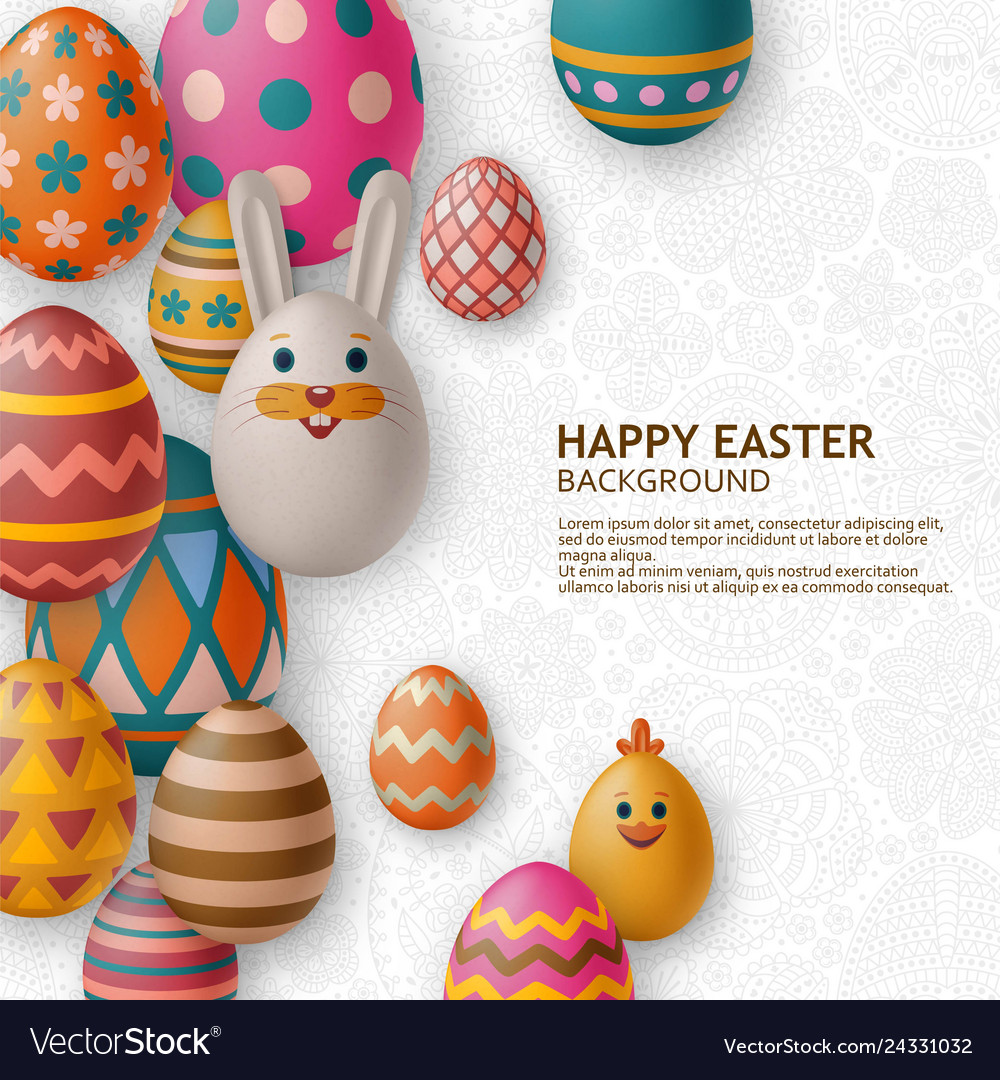 Cute easter background with white bunny chicken Vector Image