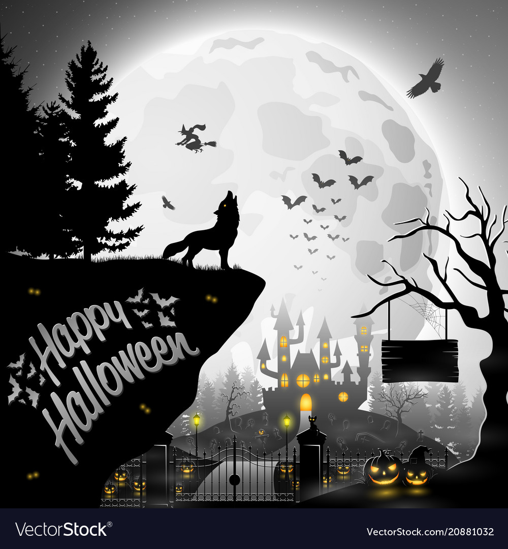 Halloween night background with roaring wolves Vector Image