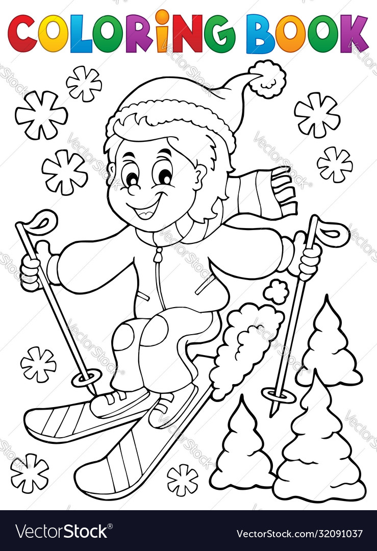 Coloring book skiing boy theme 1 Royalty Free Vector Image