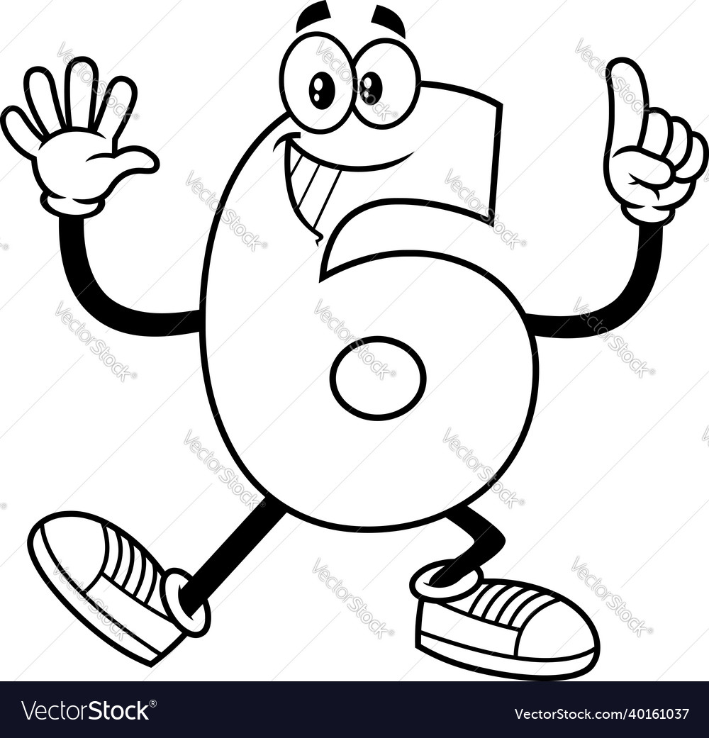 Outlined funny number six 6 cartoon character Vector Image