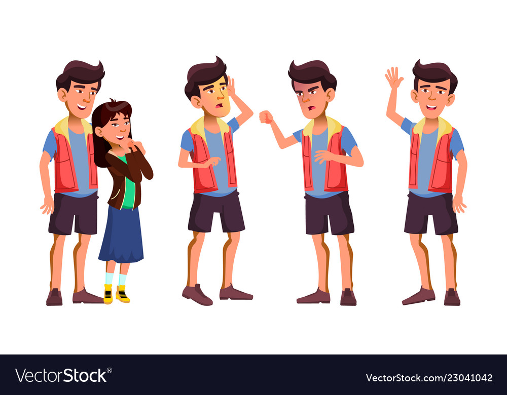 Asian teen boy poses set activity