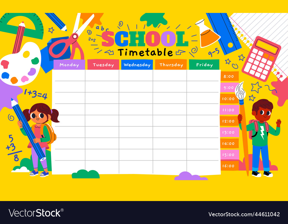 Cartoon back school timetable template design Vector Image