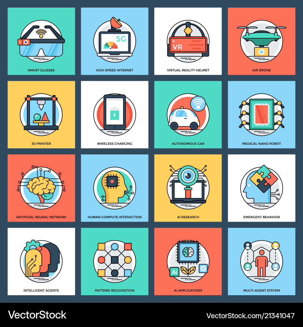Artificial intelligence flat icons set Royalty Free Vector