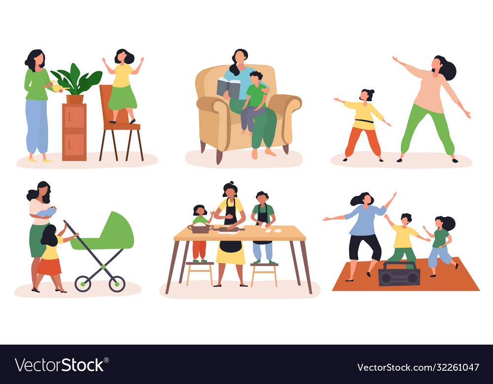 Set six scenes showing mums with their children Vector Image