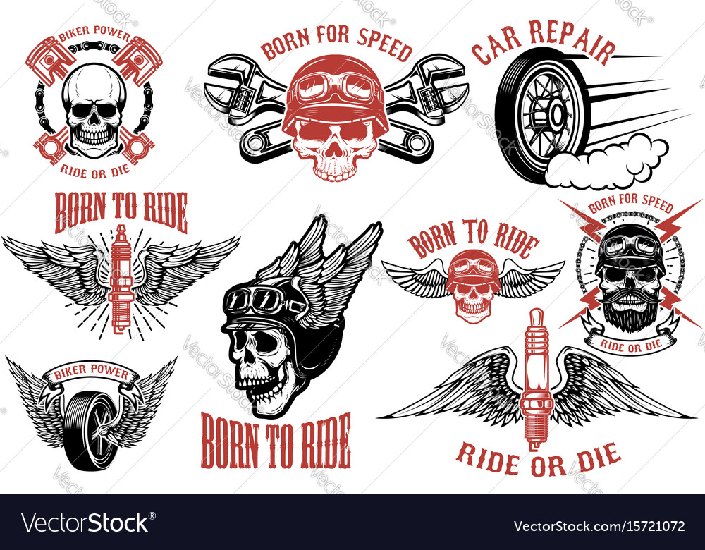 Born to ride set emblems with racer skulls Vector Image