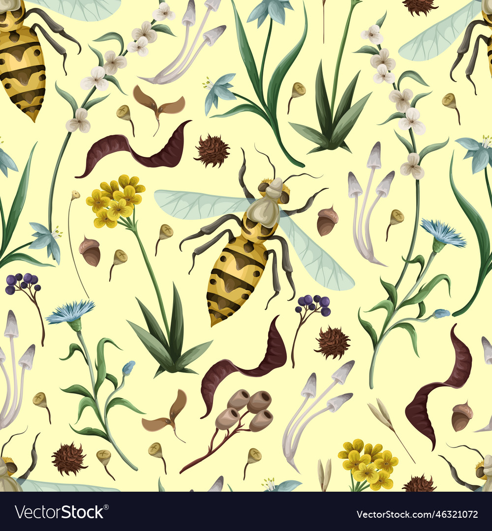 Seamless pattern with wasp and florals Royalty Free Vector