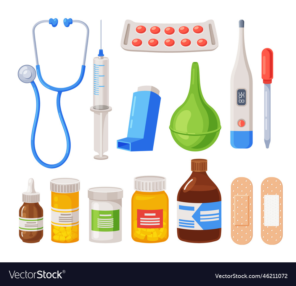 Set of medical items stethoscope syringe Vector Image