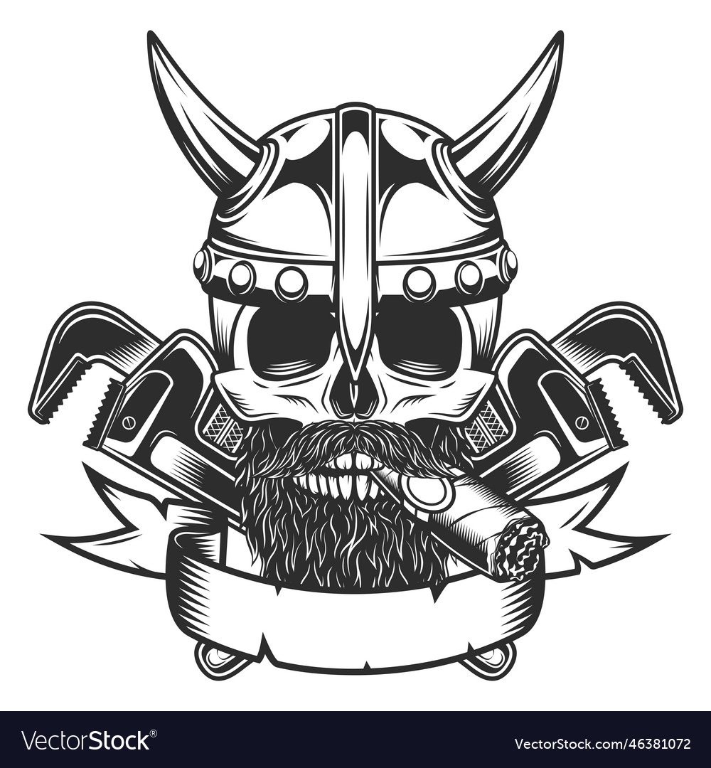 Viking skull in helmet with beard and wrench Vector Image