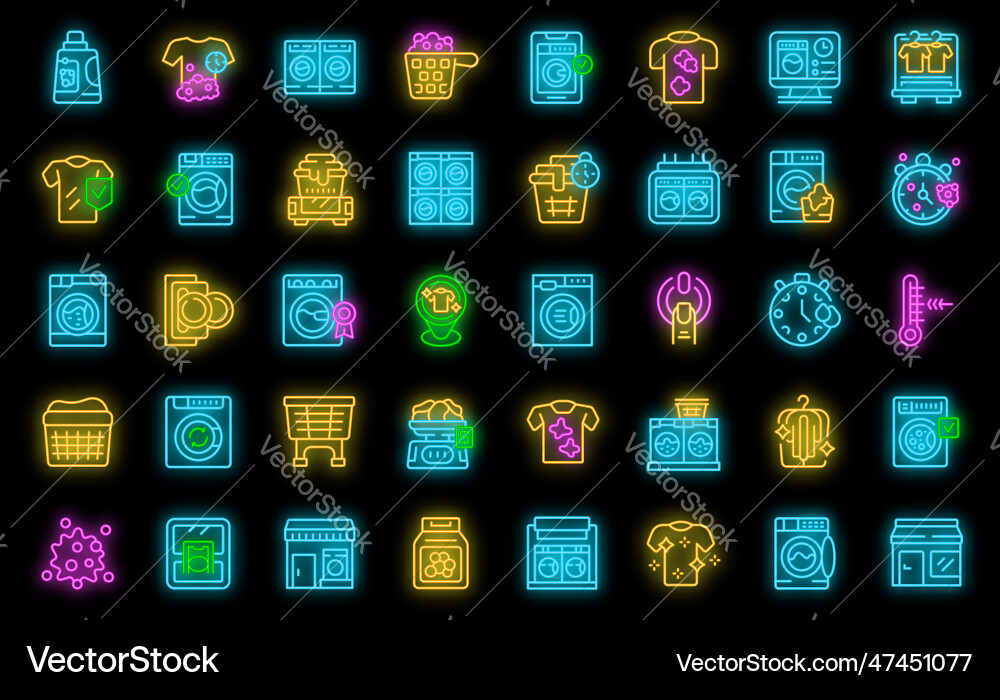 Laundromat Icons Set Neon Royalty Free Vector Image