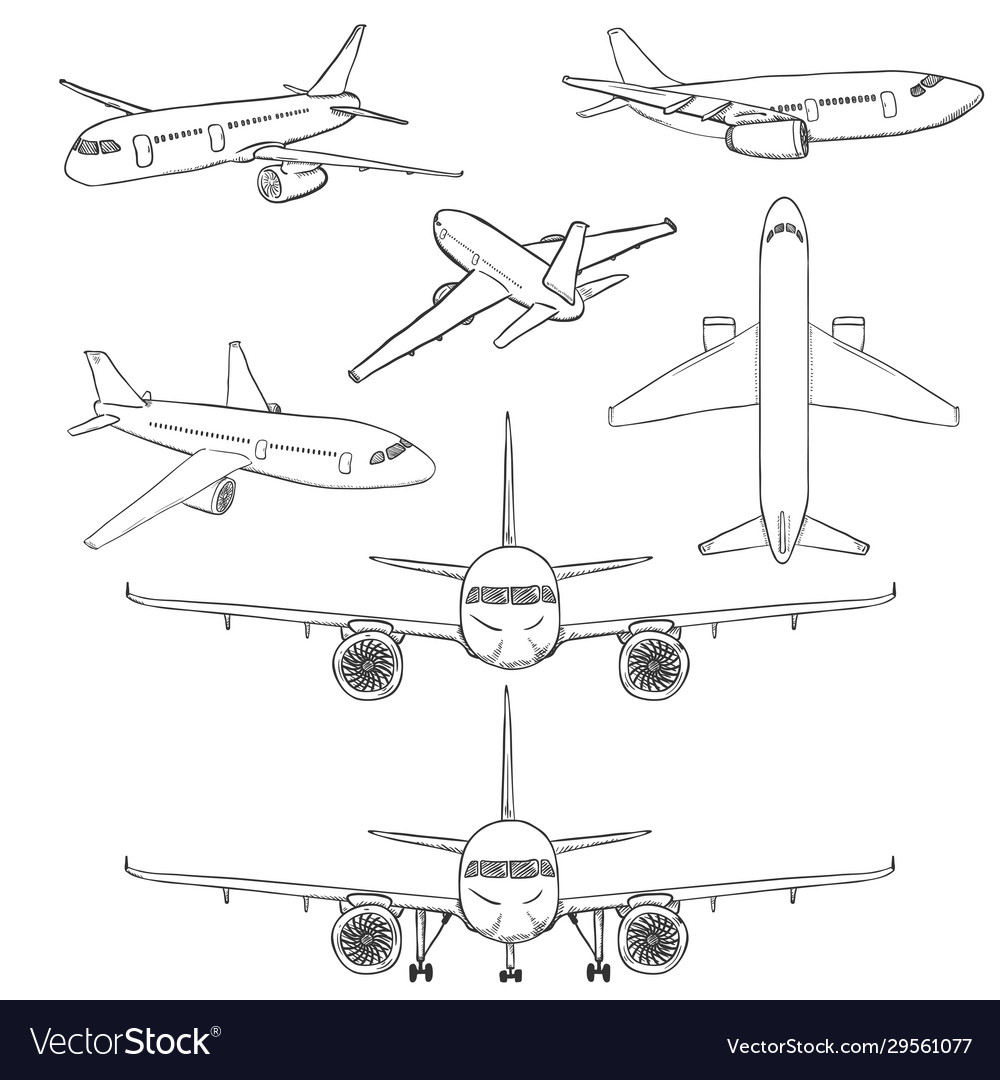 Set sketch hand drawn airplanes Royalty Free Vector Image