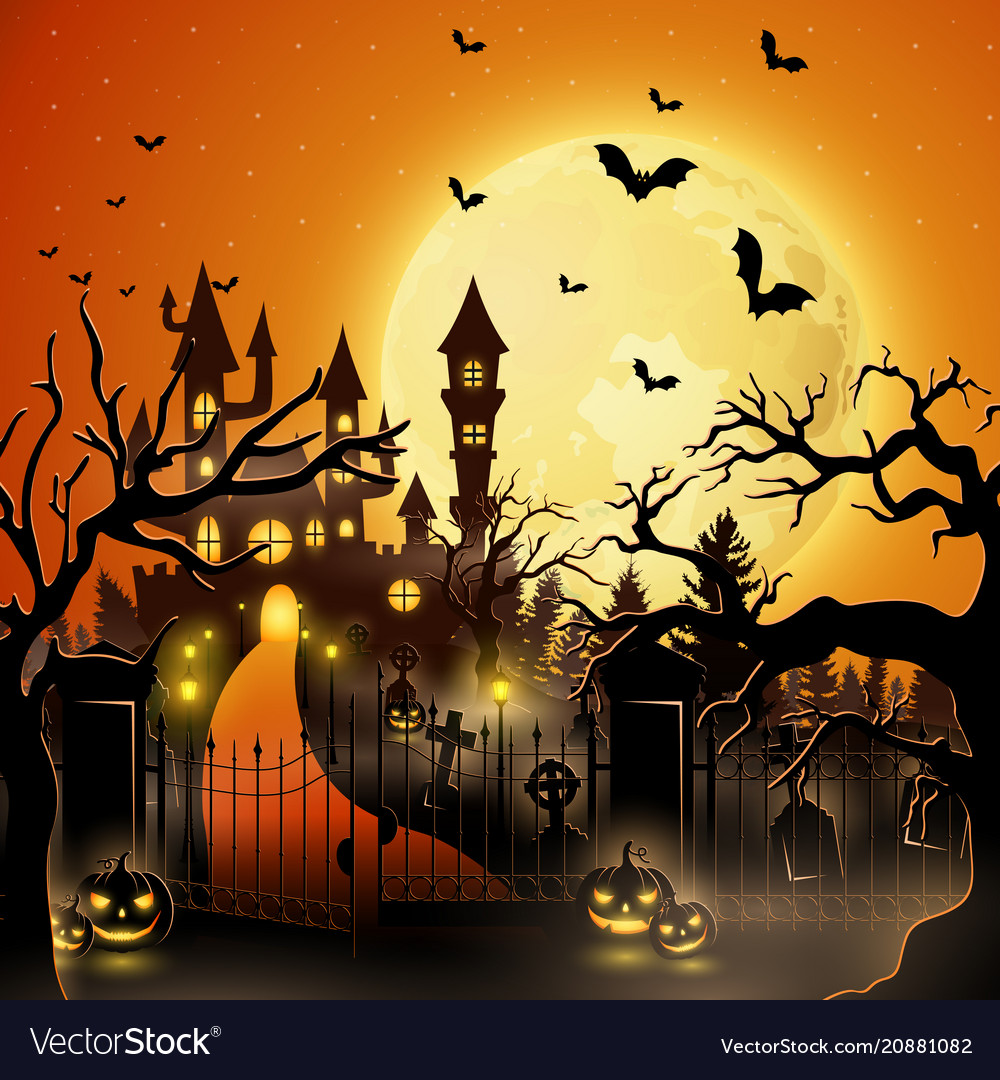 Creepy tomb with castle and pumpkin Royalty Free Vector