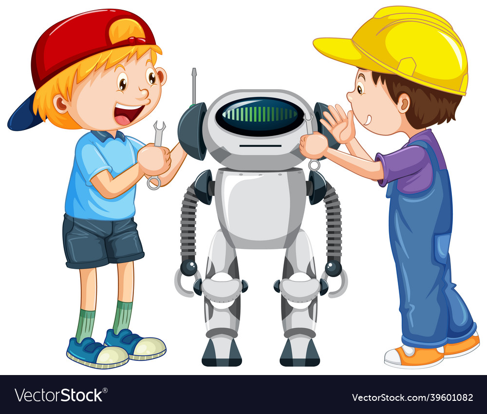 Two boys building robot on white background Vector Image