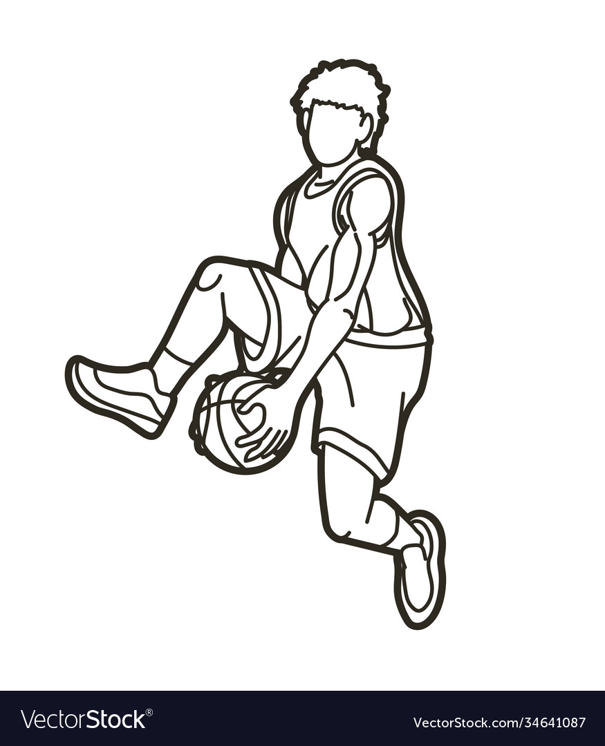 Basketball player action cartoon outline graphic Vector Image