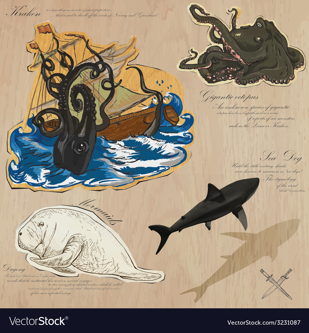 Pirates - Sea Monsters Hand drawn and Mixed media Vector Image