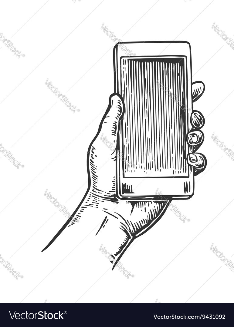 Smartphone hold male hand vintage drawn Royalty Free Vector