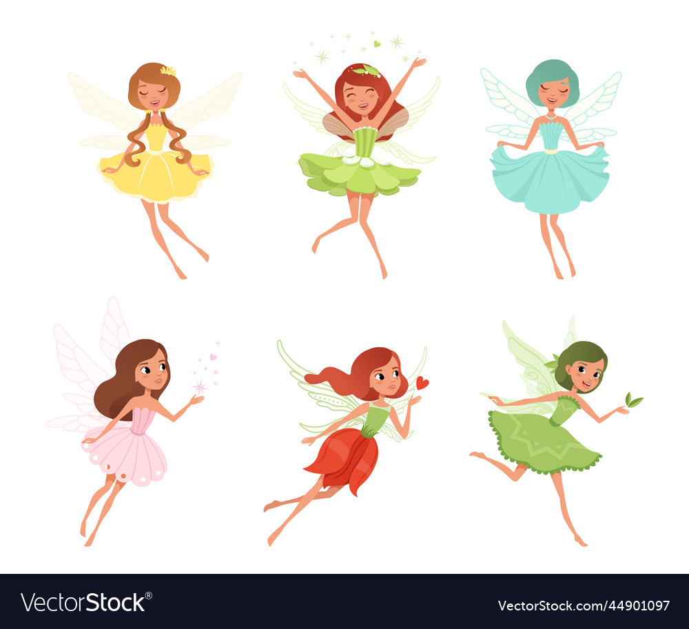 Cute beautiful little winged fairies set cartoon Vector Image