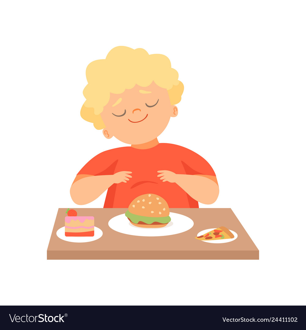 Cute overweight boy eating burger kid enjoying Vector Image